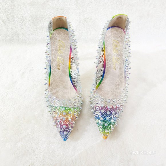 Spicy Stiletto PVC Clear Pumps Rainbow Colorful Studs & Rhinestone Pumps Hi… - Picture 4 of 14